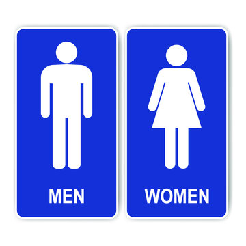 Restrooms sign. Blue toilet sign with lady, man symbols and text vector sign ESP10.