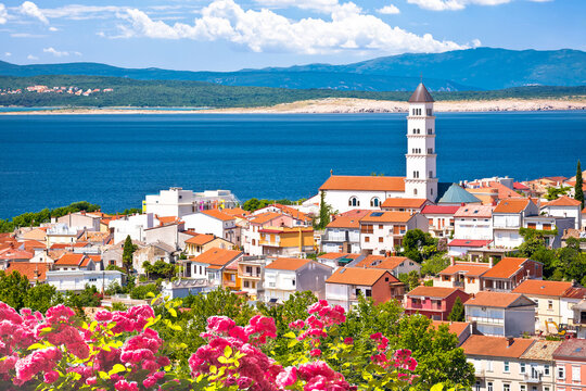 Crikvenica. Town on Adriatic sea church and landscape aerial view