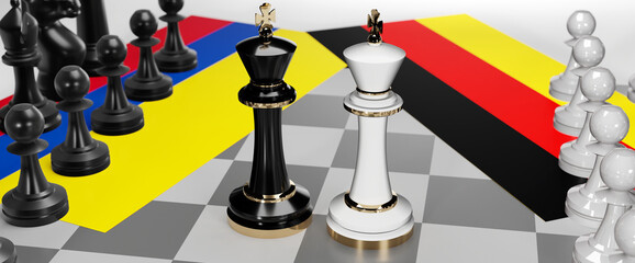 Colombia and Germany - talks, debate, dialog or a confrontation between those two countries shown as two chess kings with flags that symbolize art of meetings and negotiations, 3d illustration