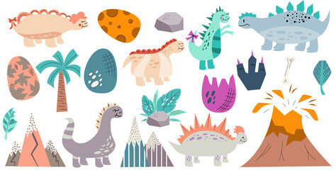 Dinosaurs and cute eggs with volcano and mountains for kids in set isolated on white background. Dino clipart with eggs for baby textiles in flat style.Vector illustration