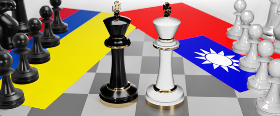 Colombia and Taiwan - talks, debate, dialog or a confrontation between those two countries shown as two chess kings with flags that symbolize art of meetings and negotiations, 3d illustration