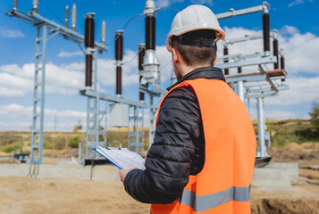 Engineer electrician check the substation construction process