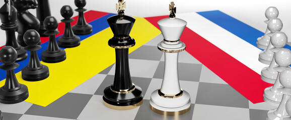 Colombia and Netherlands - talks, debate, dialog or a confrontation between those two countries shown as two chess kings with flags that symbolize art of meetings and negotiations, 3d illustration