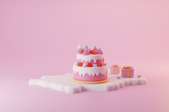 Minimal pink cake with white icing, cute marshmallow, red strawberry, and small gift box for valentine day arrival in the winter season