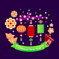 Gradient chinese new year illustration with bunch of icon in dark background