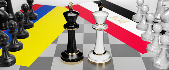 Colombia and Egypt - talks, debate, dialog or a confrontation between those two countries shown as two chess kings with flags that symbolize art of meetings and negotiations, 3d illustration
