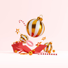 Christmas and happy new year decorations with a red gift box, golden silver ball and golden star on pink background. 3d illustration
