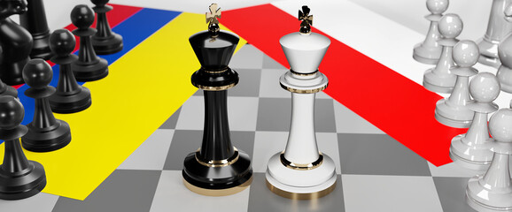 Colombia and Indonesia - talks, debate, dialog or a confrontation between those two countries shown as two chess kings with flags that symbolize art of meetings and negotiations, 3d illustration