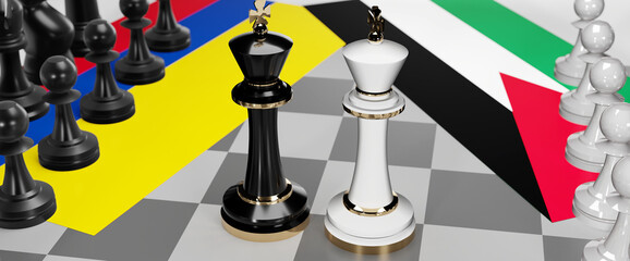 Colombia and Jordan - talks, debate, dialog or a confrontation between those two countries shown as two chess kings with flags that symbolize art of meetings and negotiations, 3d illustration