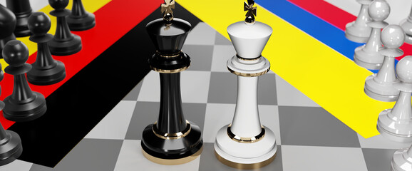 Germany and Colombia - talks, debate, dialog or a confrontation between those two countries shown as two chess kings with flags that symbolize art of meetings and negotiations, 3d illustration
