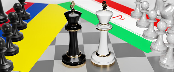 Colombia and Iran - talks, debate, dialog or a confrontation between those two countries shown as two chess kings with flags that symbolize art of meetings and negotiations, 3d illustration