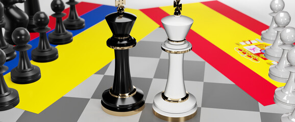 Colombia and Spain - talks, debate, dialog or a confrontation between those two countries shown as two chess kings with flags that symbolize art of meetings and negotiations, 3d illustration
