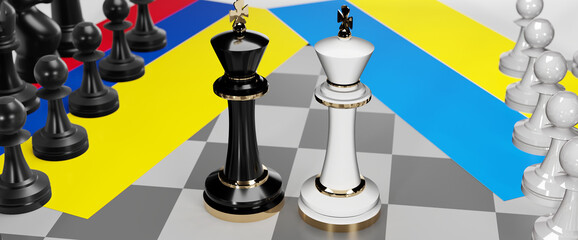 Colombia and Ukraine - talks, debate, dialog or a confrontation between those two countries shown as two chess kings with flags that symbolize art of meetings and negotiations, 3d illustration