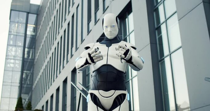 Robotic cyborg using innovative phone with efficiency data graphics animated on transparent touchscreen outdoor. Agriculture Technology and future concept