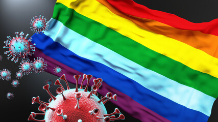 Cusco and covid pandemic - virus attacking a city flag of Cusco as a symbol of a fight and struggle with the virus pandemic in this city, 3d illustration