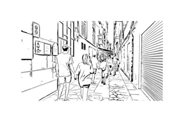 Building view  with landmark of Lloret de Mar is the 
town in Spain. Hand drawn sketch illustration in vector.