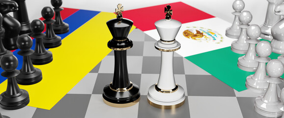 Colombia and Mexico - talks, debate, dialog or a confrontation between those two countries shown as two chess kings with flags that symbolize art of meetings and negotiations, 3d illustration