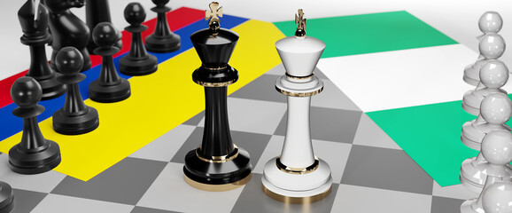 Colombia and Nigeria - talks, debate, dialog or a confrontation between those two countries shown as two chess kings with flags that symbolize art of meetings and negotiations, 3d illustration