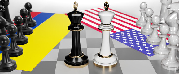 Colombia and USA - talks, debate, dialog or a confrontation between those two countries shown as two chess kings with flags that symbolize art of meetings and negotiations, 3d illustration