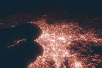 Marseille aerial view at night. Top view on modern city with street lights