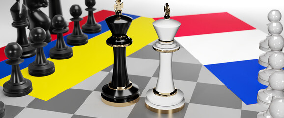 Colombia and France - talks, debate, dialog or a confrontation between those two countries shown as two chess kings with flags that symbolize art of meetings and negotiations, 3d illustration