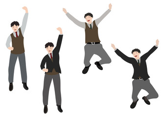 ジャンプして喜びを表現した男子生徒のセット（ブレザーとベスト・表情あり）