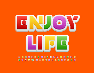 Obraz premium Vector happy card Enjoy Life with Colorful Unique Font. Bright funny Alphabet Letters and Numbers set