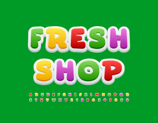 Vector Colorful Emblem Fresh Shop. Unique Bright Font. Artistic Alphabet Letters and Numbers set