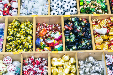 Colorful Christmas Decorations at Traditional Christmas Market.