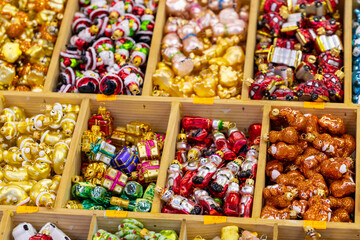 Christmas spice wreath and green tree holidays decorated.