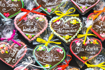 Gingerbread Hearts at Polish Christmas Market. Traditional ginger bread cookies written "I love you" in Polish.
