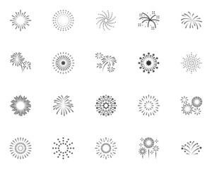 set of firework line icons, celebration, new year, sunburst