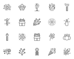 set of firework line icons, celebration, new year, sunburst