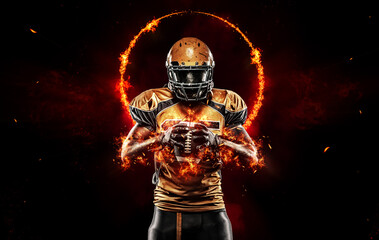 American football player black background with fire - Powered by Adobe