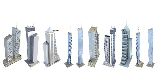 Set of high detailed high tech skyscrapers with fictional design and cloudy sky reflection - isolated, side view 3d illustration of architecture