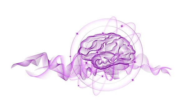 Abstract Dynamic Linear Illustration Of A Brain With Waves And Stars In Orbits. Purple Lines Isolated On Transparent Background. Creative Digital Drawing