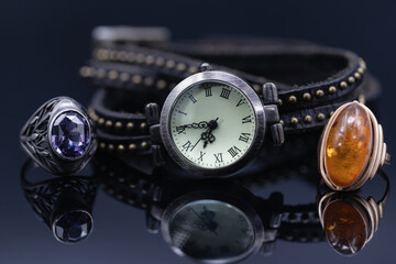 Unusual women's watches with brown leather strap and jewelry