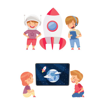 Kids learning about space and watching movie about space vector illustration