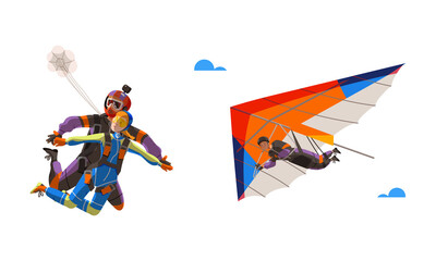 People skydiving in the sky set. Professional parachutists paragliding with parachute vector illustration