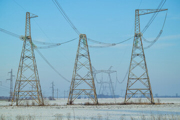 High voltage post.High-voltage tower with in field.High-voltage power lines. Electricity...