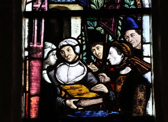 Obraz na płótnie Canvas Colorful Stained Glass Window Detail at the Catholic Begijnhofkapel Church in Amsterdam, Netherlands