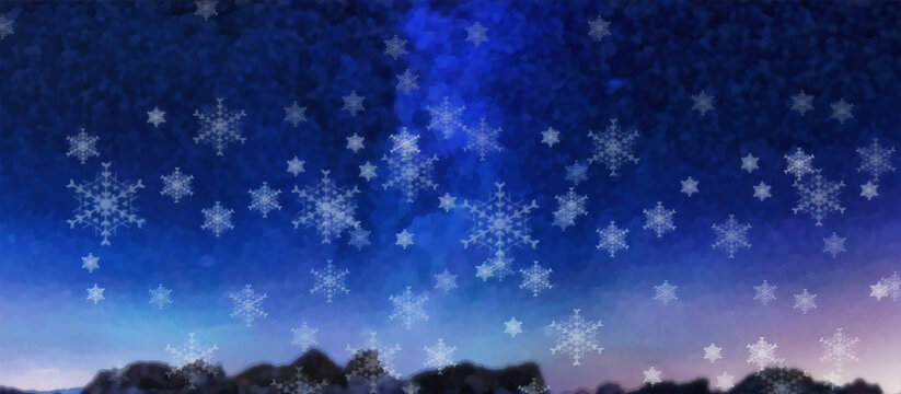 Falling snowflakes against the background of the night sky. Wide panoramic view. Christmas background