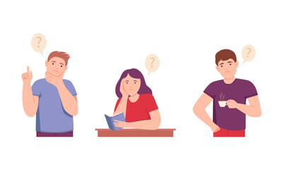 People thinking with question marks over their heads set. Persons in doubt thinking about problems vector illustration