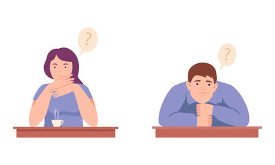People thinking with question marks over their heads set. Puzzled or doubting persons thinking about problems vector illustration