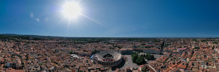 Piazza Bra panoramic aerial view. Italian Colosseum top view. Historical part of the city of...