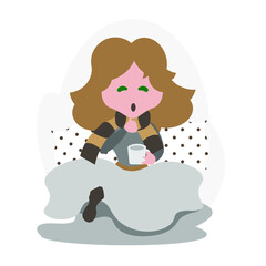 Cold, virus, flu, feeling ill concept. 
Girl in cartoon style staying in bed at home. Influenza, runny nose, virus fever illustration