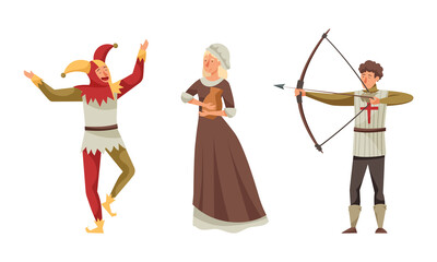 Inhabitants of the medieval city set. Jester, peasant, archer characters vector illustration