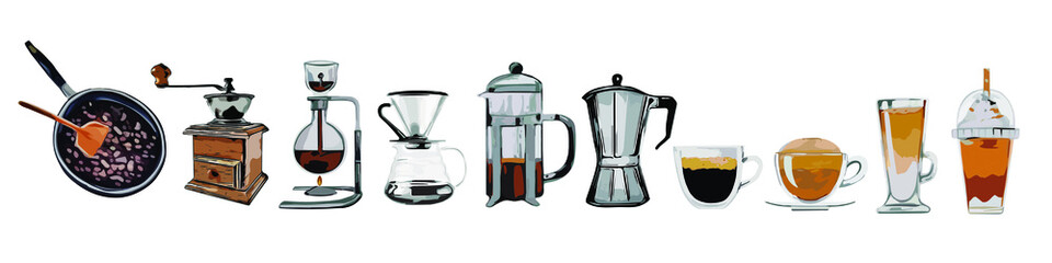 coffee set coffee roasting, coffee grinder, syphon,​ drip brew, aeropress, ​moca pot, espresso, cappuccino, latte, macchiato
