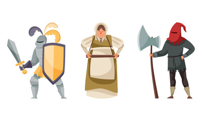 Inhabitants of the medieval city set. Knight, merchant, executioner characters vector illustration