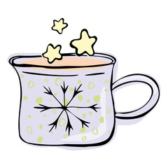 Christmas cup of hot drink and stars. Mug with snowflakes, lines, snowballs in doodle sketch style. Decoration for postcards, stickers, notebooks, packaging, covers, etc.